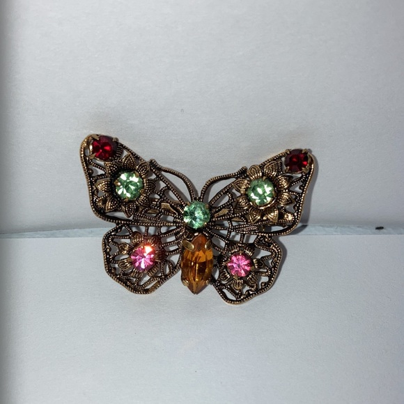 Vintage 50’s butterfly brooch multicolour gemstones,  bronze coloured frame. - Picture 7 of 7